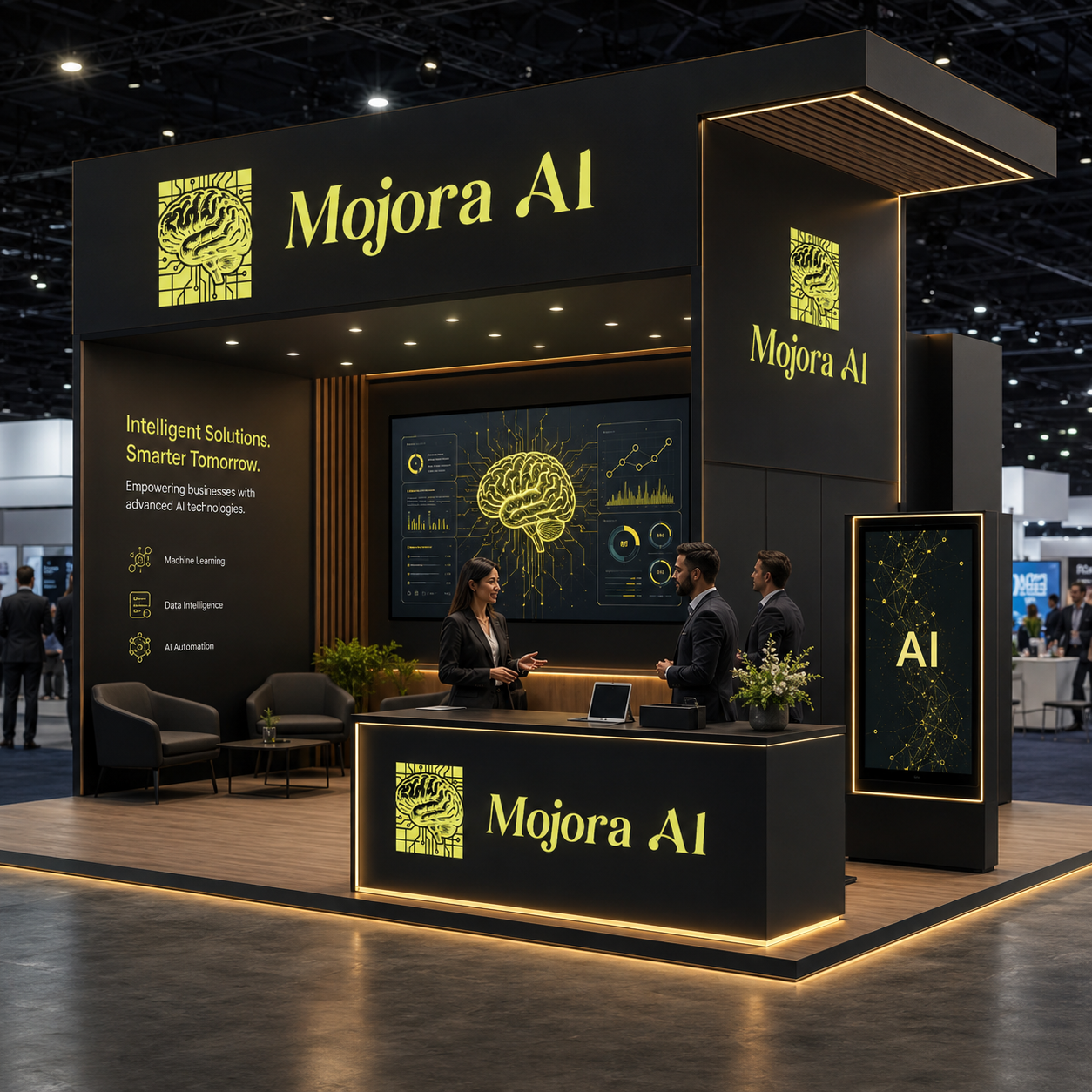 Mojora AI Messestand mit goldenen Akzenten