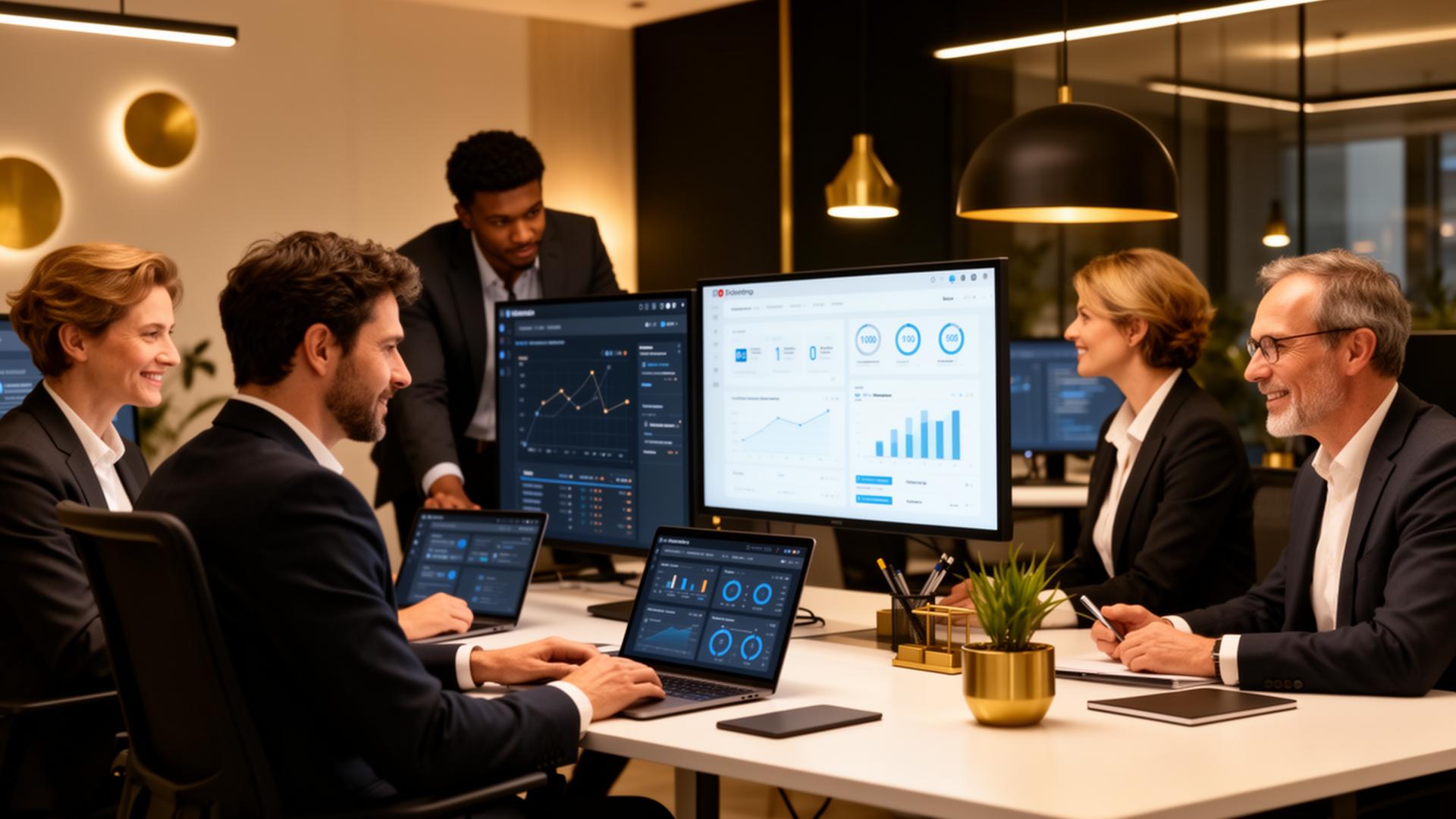 Modernes Büro mit motivierten Mitarbeitern, die KI-Werkzeuge auf Laptop und Bildschirm verwenden