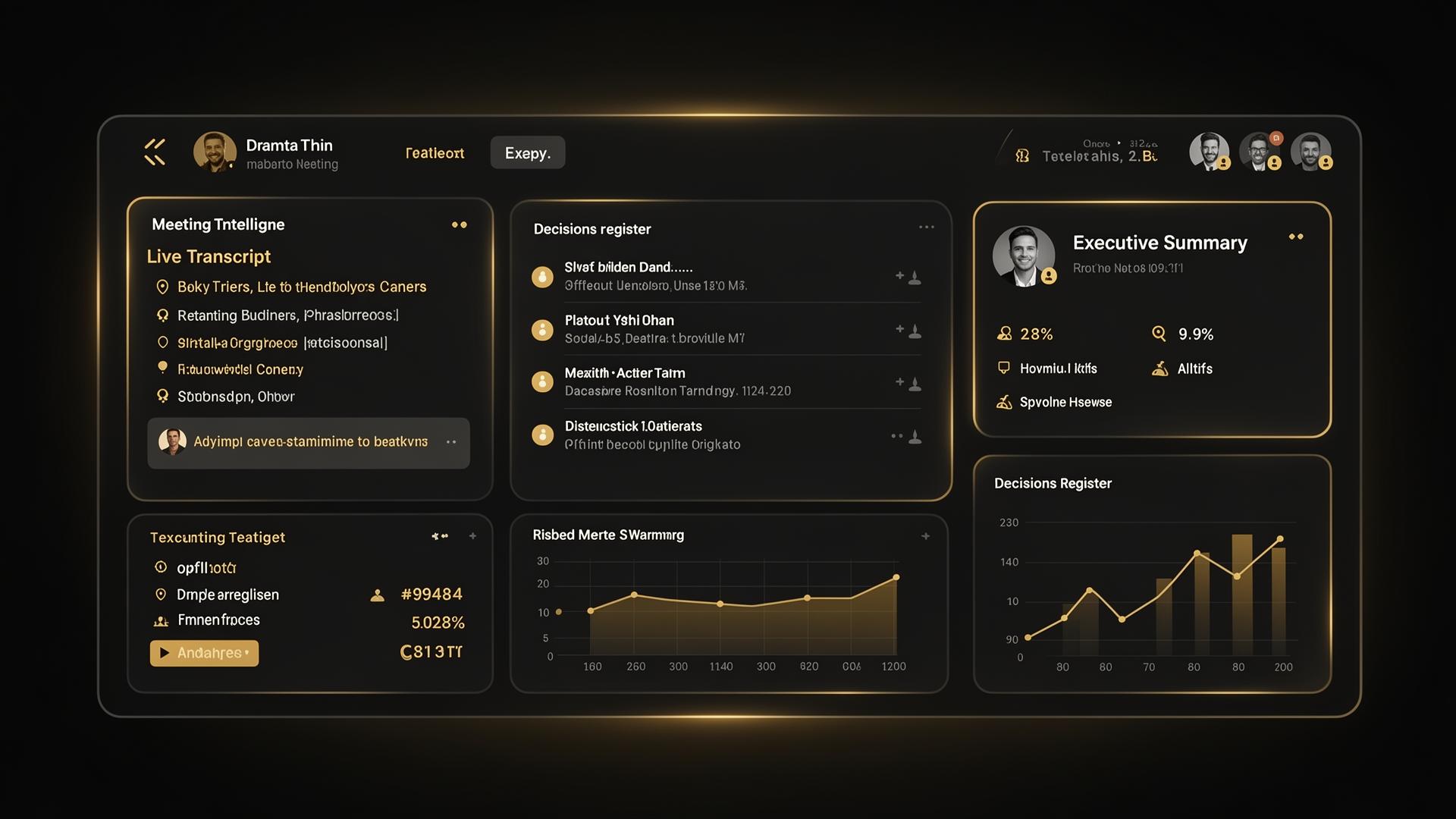 Mojora AI Protocol Dashboard – Live-Transkript, Entscheidungen, Maßnahmen, Risiken, Executive Summary